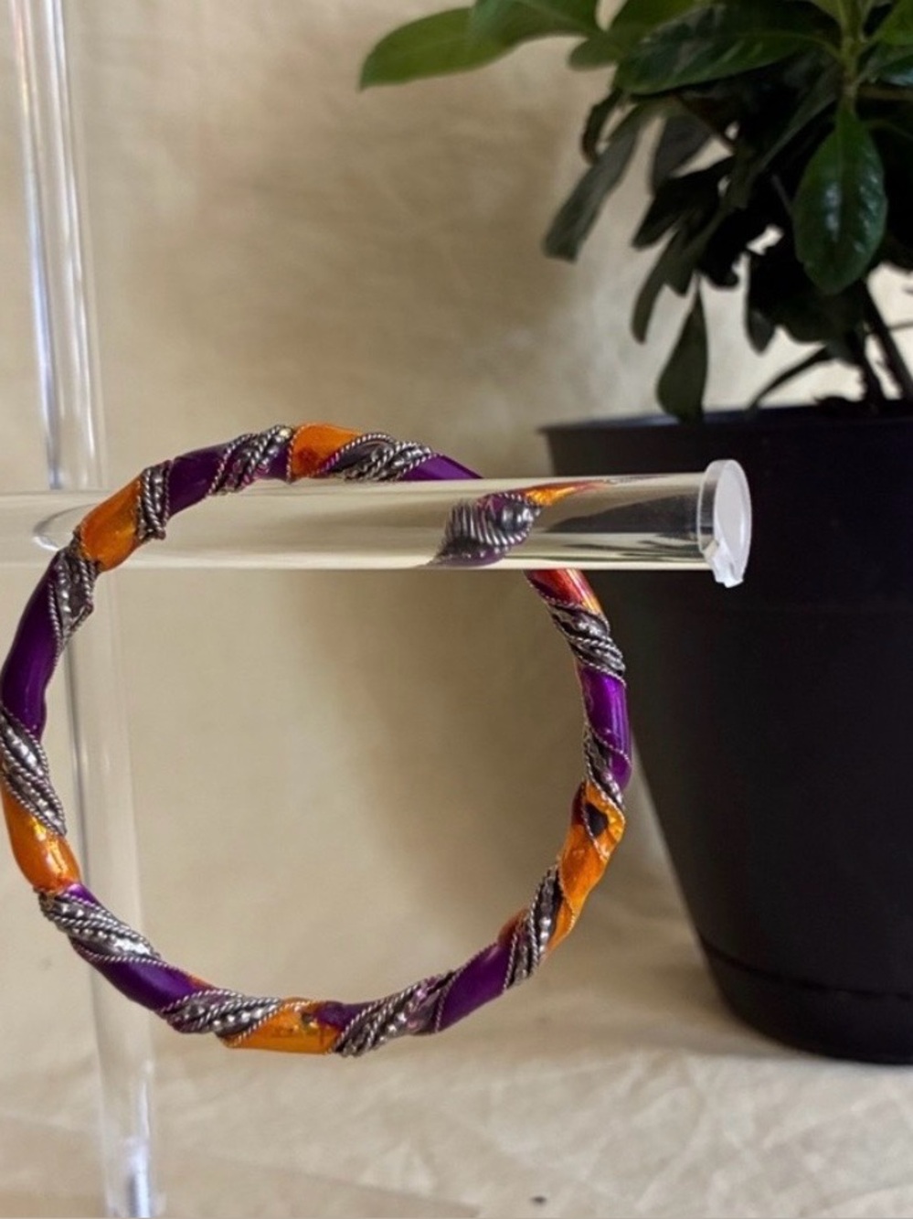 Vintage Enamel & Brass-Tone Wire Wrapped Indian-Style Bangle Bracelet